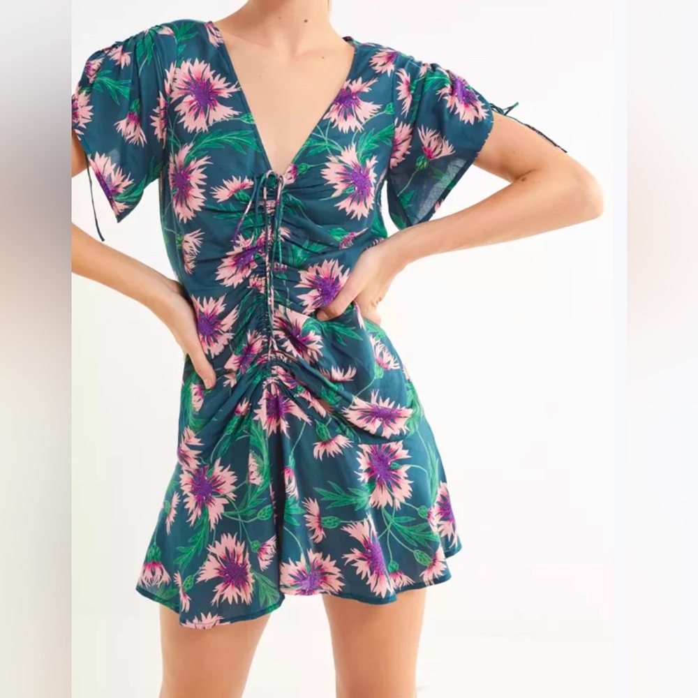 NWT - Urban Outfitters Green Floral Drawstring Ruched Mini Dress Size XL